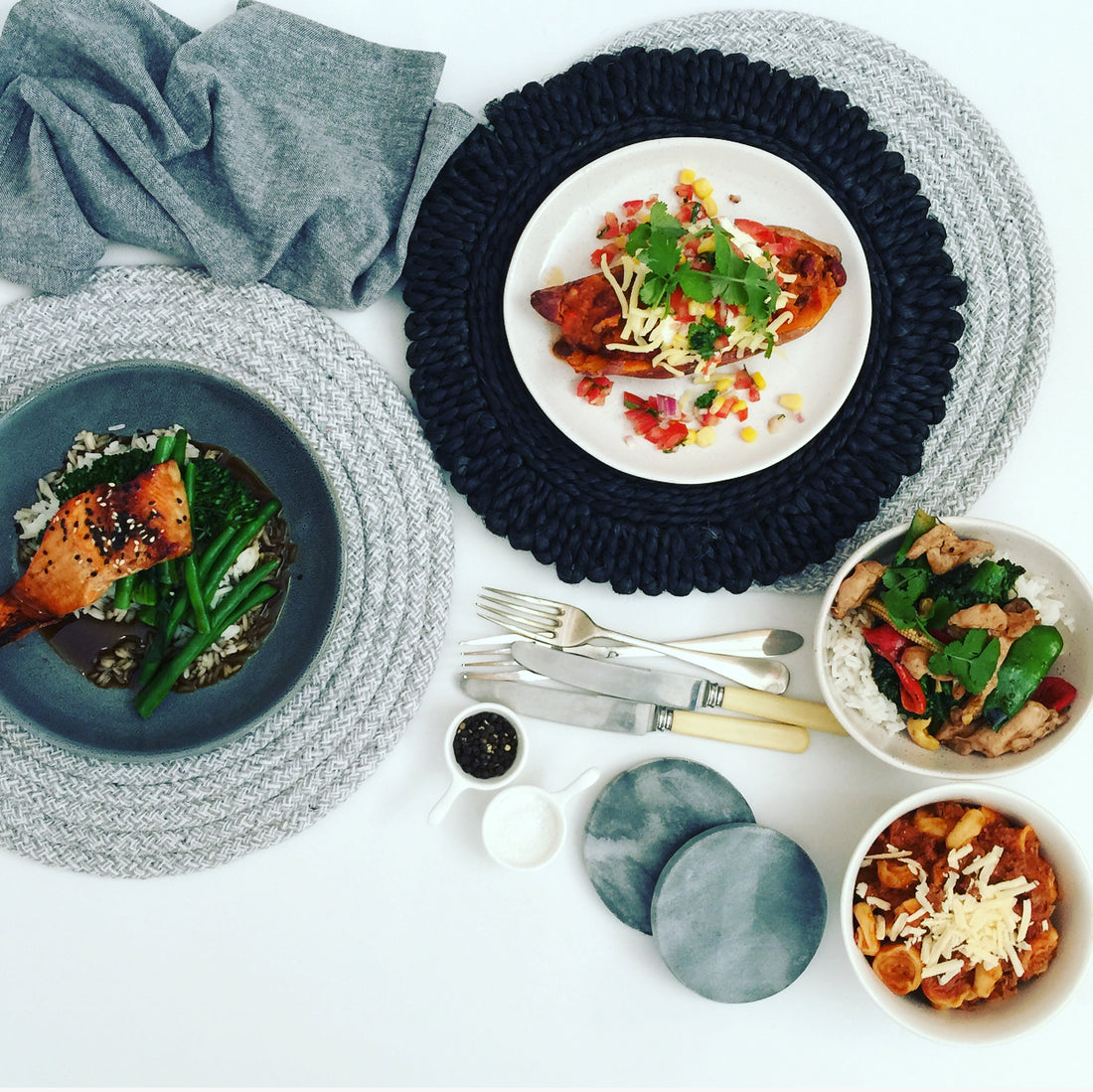 Teriyaki Salmon, Mexican Sweet Potato, Tortellini Bolognese, Chicken & Cashew Stir Fry.